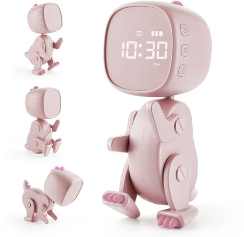Homealexa Réveil pour Enfants en Dinosaure Réveil Educatif Rechargeable avec Forme Variable 6 Musique d'Alarme 3 Alarmes Fonction Snooze Veilleuse Minuterie 12/24 Cadeau pour Garçons et Filles
