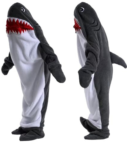 HULG Hai Decke,Hai Decke Hoodie, Kuscheldecke Mit Ärmeln Flauschig Wohndecke,Hai Decken Kapuzenpullover,Hai Overall Onesie (Dark gray,XL)