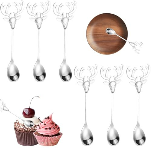 6 Pièces Cuillère de Noël en Forme D'élan, Cuillères à Café de Noël Créative Cuillères à Dessert Cuillère de Noel Acier Inoxydable, Utilisé pour la Décoration de Table de Fête de Noël(argent)