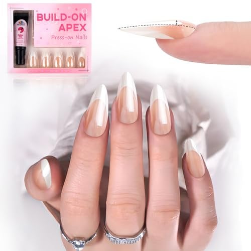 EBANKU French Tipp Press on Nails, 30 Stück vorgeformte aufklebbare Nägel Chromweiß mittelmandelförmige Kunstnägel, Gel Nagelspitzen–dicke Acrylnägel für flache Nägel mit Nagelkleber