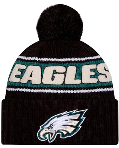New Era Unisex-Erwachsene NFL Official Sideline Team Logo Sherpa Striped Pom Beanie Cold Weather Knit Hat, Philadelphia Eagles - Schwarz, Einheitsgr��e