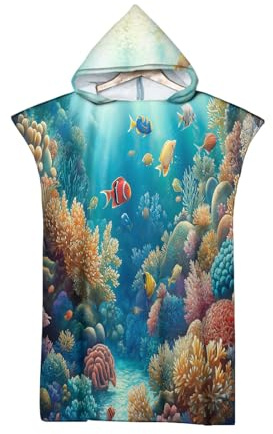 Handtuch Poncho mit Kapuze Surf Poncho für Damen Herren Jugendliche Umziehhilfe Unterwasserwelt Mit Korallen Fische Ozean Drucken Badeponcho Kompakt Sehr Leicht Robe aus Mikrofaser für Schwimme