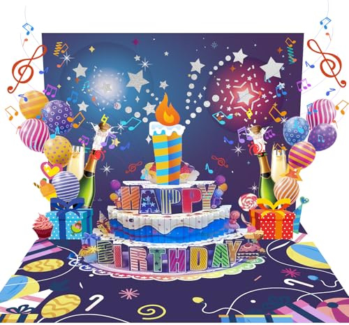 Geburtstagskarte mit Musik 3D Geburtstagskarte Pop Up Karte Geburtstag mit Blowable LED Kerze Singende Birthday Card 3D Geburtstagskarten für Frau Mann Kinder Mädchen Frauen