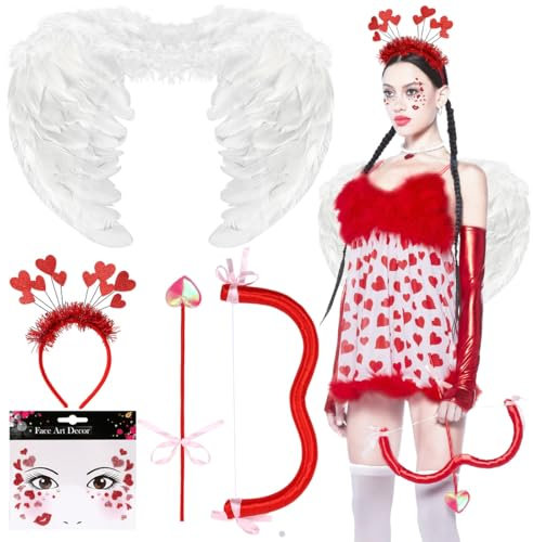 Epokus Amor Kostüm Damen, Engelsflügel Kostüm mit Pfeil, Bogen, Weiße Federflügel, Gesicht Tattoo, für Damen und Mädchen Valentinstag Karneval Mottoparty Cosplay