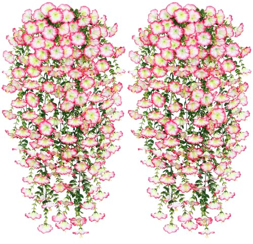 Weldomcor 2Pcs Artificial Hanging Flowers Long Artificial Morning Glory Flowers Pink UV-Resistant Fake Hanging Plants Artificial Wisteria Basket Vine for Wedding Home Garden Yard Decor