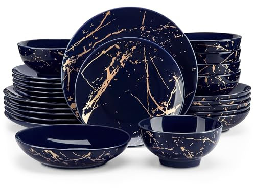 LOVECASA Plate Set, Daphne 24 Piece Crockery Sets for 6 People, Reactive Glazed Dinner Set with Pasta Bowls, Cereal Bowls, Dinner Plates, Dessert Plates, Blue and Gold