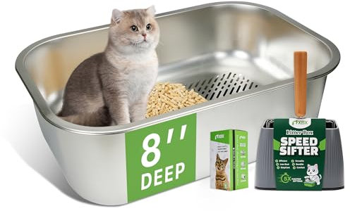 Sifting Litter Box, XL Stainless Steel Sifting Cat Litter Pan for Pine Pellets, Large Sifter Pan, with Metal Litter Scoop and Litter Box Liners, Odor Control & Easy Clean