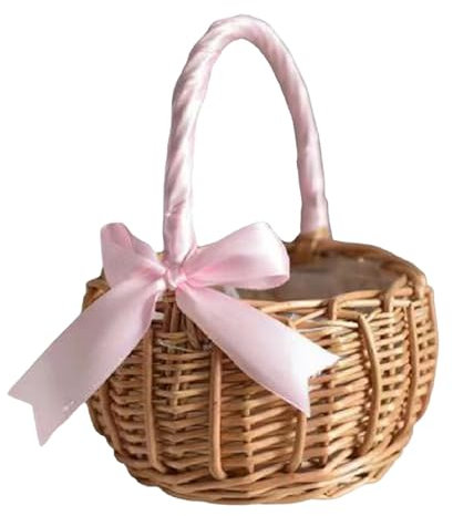 Panier en osier tissé avec poignée et insert en plastique pour œufs de Pâques et fleurs - Pour décoration de jardin, cuisine, conteneurs de stockage des aliments (rose, taille unique)