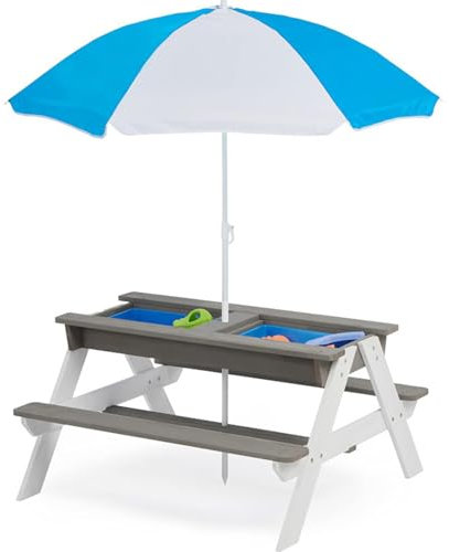 RUYICZB 3 in 1 Set Tavolo E Sedie da Giardino per Bambini, Tavolo da Picnic con Ombrellone E Vaschette, Tavolino E Panche da Esterno per Giardino Terrazzo E Balcone