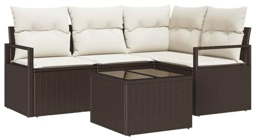 vidaXL 4-teilige Garten-Sofa-Garnitur mit Kissen in Braun aus Poly Rattan. Modulare, wetterfeste Outdoor-Sitzmöbel für Balkon und Terrasse. Perfekt für Deine Terrasse oder den Patio.