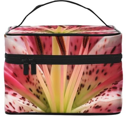 Trousse de maquillage portable avec imprimé fleur de lys pour femme - Trousse de maquillage de voyage avec pochette intérieure et poignée