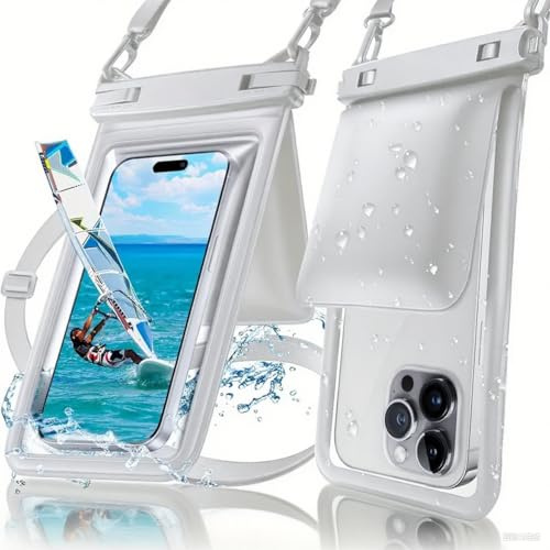 Yuexitech wasserdichte Handytasche mit Trageband, Tasche mit 2 Fächern für Große Handys bis zu 7,5 Zoll, wasserdichte Handytasche zum Schwimmen, Schnorcheln, für den Pool und Strand (Weiß)