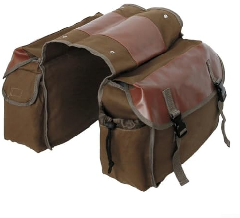 Borsa da bici posteriore in tela con cuciture in pelle, resistente, per pendolari e viaggi, scomparti multipli fissati da chiusura con fibbia (cammello)