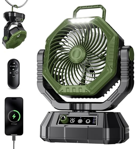 Camping Fan, 20000mAh Rechargeable Battery Fan, Battery PoweredFan with LED Light, Variable Speed, Timer, 40°/90°Oscillation & 270° Tilt RechargeableFan for Outdoor Camping, Hiking, Fishing - Green