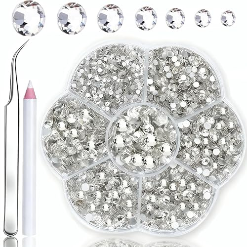 Rhinestone Flat Back Glass Kit, 2400 Round Glass Crystal Rhinestones, 7 Sizes Sparkling Diamond Gems, with a Dotting Pen ＆ Tweezer, for Crafts Embellishment Shoes Clothes Bags Nail Art DIY