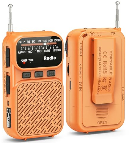 Tendak Mini Radio Portable, Poste AM/FM Portable avec Batterie 1200mAh, Radio de Poche avec Bluetooth, Radio à Transistors Fonctionnant sur Piles AAA avec Lampe de Poche/TF, Chargement USB-C (Orange)