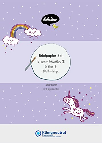 dabelino® Kinder-Briefpapier-Set: Einhorn und Regenbogen (Mädchen, lila, rosa) - A5, liniert mit Umschlägen + Malblock