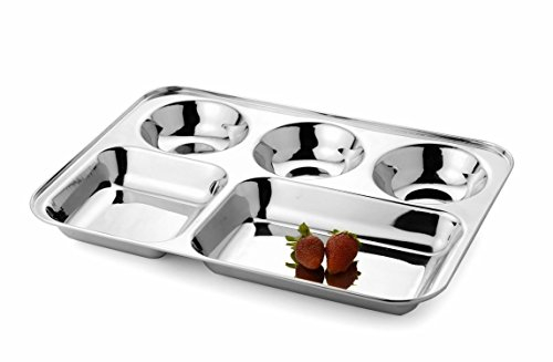 SKARS Plato llano de acero inoxidable 5 en 1 con cinco compartimentos, compartimento Thali, plato llano con compartimento, tamaño 38 cm de largo x 30 cm de ancho x 3 cm de alto