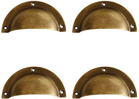 Tiazza 4Pcs Antique Brass Cup Shell Drawer Pulls Bedside Cupboard Wardrobe Vintage Handle