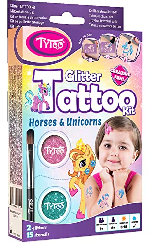 Tytoo Glitzertattoo Set für Mädchen mit 15 Einhorn und Pferd Schablonen- hypoallergen und hält bis zu 18 Tage