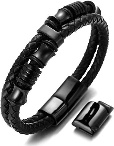 Halukakah Plus ● Schatten ● Herren-Armband Handgefertigt | Echtleder Schwarz | Magnetverschluss Edelstahl in Schwarz | Titan Perlen in Schwarz | KOSTENLOS Geschenkbox | Größe Einstellbar 21.5cm-23cm