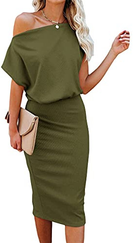 Ezbelle Vestido Midi para Mujer, con Hombros Descubiertos, Manga Corta, Casual, para Fiesta, Bodycon, para Mujer - Verde - Medium