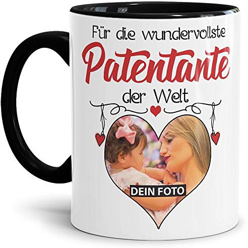 Tasse mit Spruch - Wundervollste Patentante der Welt - personalisiert mit Wunschfoto - Geschenkidee für Patentante - Innen & Henkel Schwarz, 300 ml