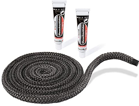 LANZZAS Kamin- & Ofendichtschnur - Ø 14 mm, Länge: 2 m - Glasband für Kamintüren - hitzebeständig bis 550°C - mit feuerfestem Montagekleber