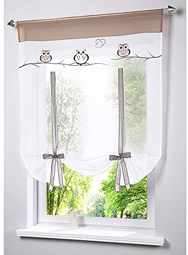 Smithoom 1 Stück Raffrollos für Küche Voile Sheer Vorhang Stange Tasche mit Eule bestickt für Kinder Schlafzimmer Wohnzimmer Balkon Kleine Fensterdekoration Khaki 100x140cm