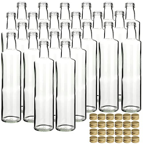gouveo Juego de 24 botellas de vidrio Dorica de 500 ml con tapón de rosca PP 31,5 dorado - Botellas de aceite, vinagreras, licoreras, vacías para autollenado (DFT500G)