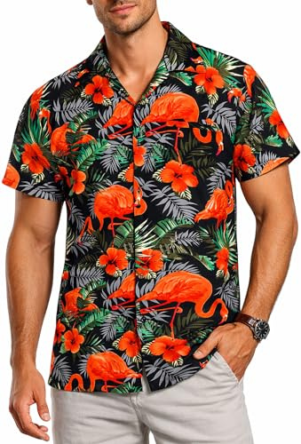 King Kameha Hawaii Hemd Männer - Tropisches Hawaiihemd Herren Kurzarm mit Flamingo-Print & Fronttasche, Ideal für Urlaub, Festival & Strand