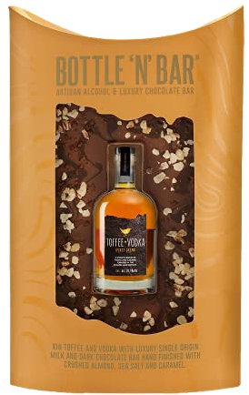 Bottle N Bar Chocolate & Vodka Gift Box Set | Luxury Milk & Dark Chocolate With Sea Salt Almond & Caramel Giant Bar Complete With Kin Toffee Vodka 5cl