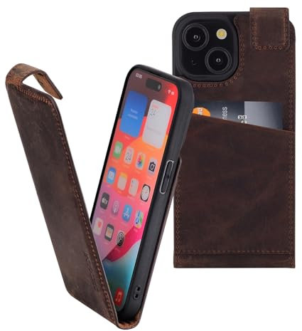 Suncase Original Flip-Style (Ultra-Slim) kompatibel mit iPhone 13 (6.1) Hülle Ledertasche Tasche Schutzhülle Case Cover Hülle in antik Coffee