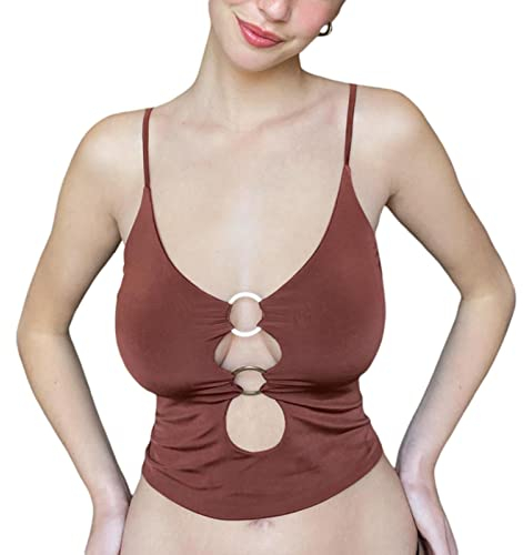 CHOUX Getailleerd zomershirt voor dames met decoratieve ringen, effen cropped top met U-hals-dunkelrot,S
