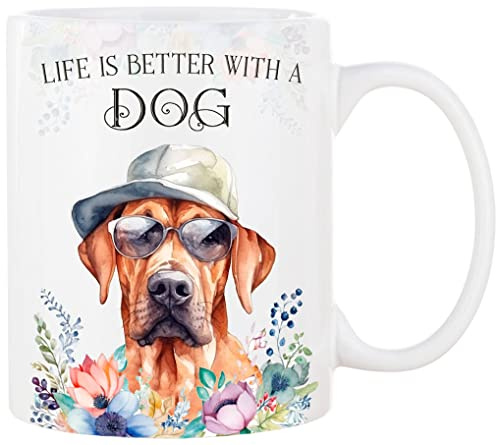 Cadouri Hunde-Tasse LIFE IS BETTER WITH A DOG mit Rhodesian Ridgeback - Kaffeetasse Bürotasse im Watercolor-Stil - tolle Geschenkidee für Hundebesitzer