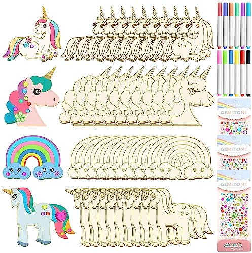 DAZZTIME Einhorn Holz Bastelset,55 Stück Einhorn Bastelset Kit,Einhorn Handwerk Bemalen,Einhorn Zum Bemalen,mit Aquarellstift+Edelsteinaufkleber,Einhorn für Diy Kinder Malen Dekoration.