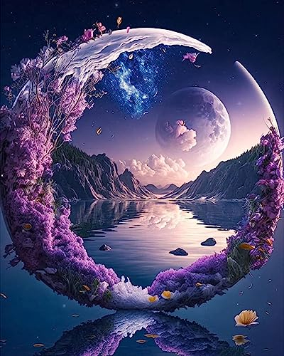 TISHIRON Peinture par numéros pour adultes, lune DIY peinture à l'huile par numéros sur toile artisanat floral avec pinceaux peintures acryliques pour enfants, décoration d'intérieur 40,6 x 50,4 cm,