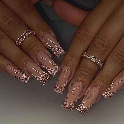 Cubahop 24 PCS long cercueil clignotant faux ongles pressés sur les ongles faux ongles roses clignotants collés sur les ongles des femmes et des filles (B)