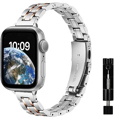 Niboow Cinturino per Apple Watch 49mm 46mm 45mm 44mm 42mm Series 11/10/9/8/7/6/5/4/3/2/1/Ultra 3/Ultra 2, Metal Cinturino per Apple iWatch SE 3/SE 2 - Argento/Oro Rosa