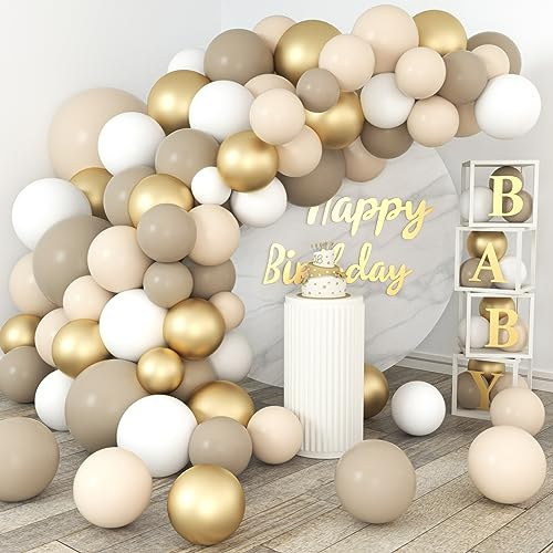 WAREHOUSE Globos de Cumpleaños, 160 Globos Beige Dorados para Boda Boho, Decoración de Fiesta de Cumpleaños, Baby Shower, Decoración de Bautizo