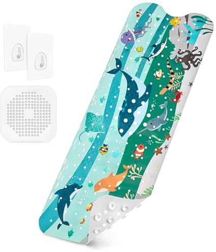 Badewannenmatten rutschfest Kinder,100% BPA frei Enthält 2 Haken zum Aufhängen,100x40cm,Antirutschmatte für Badewanne,Duschmatte,schimmelresistent & maschinenwaschbar,Badematte Kinder Badewanne