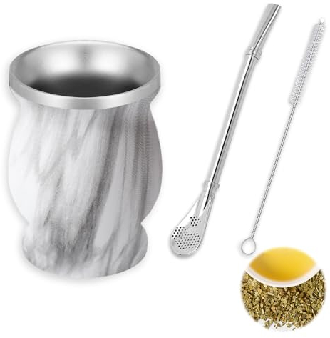 SVUPUE Taza de mate, juego de té mate, con pajita y cepillo de limpieza, para uso en hogares, restaurantes y hoteles, mármol