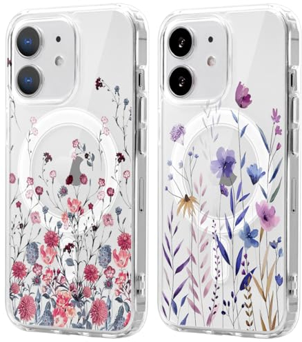 Xylota 2 Stück Magnetisch Hülle für iPhone 12/12 Pro 6.1 '' [Kompatibel mit MagSafe], Mädchen Aesthetic Muster Design Klare Handyhülle, Transparent Stoßfeste Schutzhülle für iPhone 12 Pro, Blumen 4