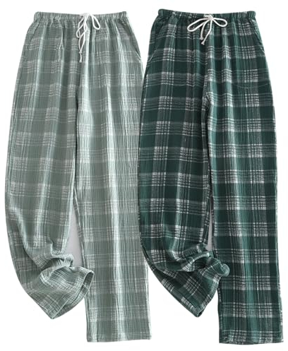 STMAHER 2er Pack Herren Schlafanzughose Baumwolle Pyjamahose Herren Lang Pyjamahose Karierte Nachtwäsche(QG M1)