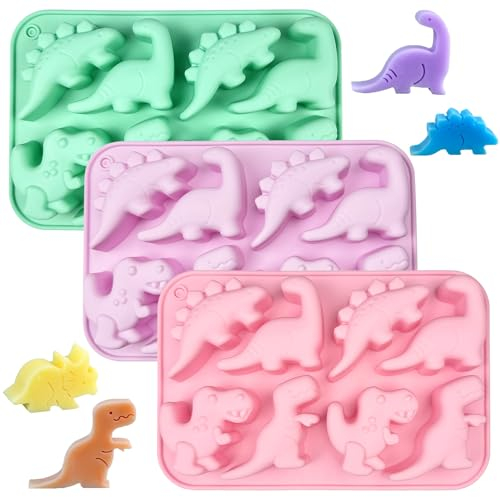 3 Pièces Moule Dinosaure Gateau, 8 Cavités Moule Gateau Dinosaure, Moule Dinosaure, Moule Animaux, Moule Silicone Dinosaure Convient pour Faire Bonbons Chocolat Pudding Savon (Rose, Vert, Violet)