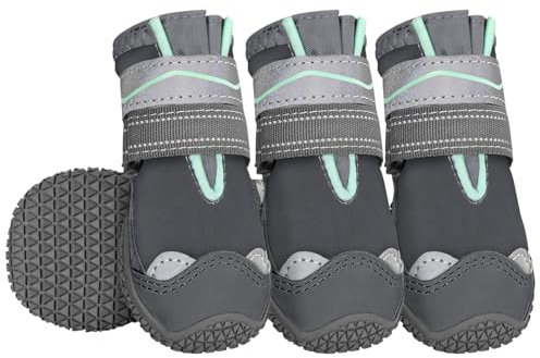 SlowTon Hundeschuhe Pfotenschutz, 4 Stück wasserdichte Hunde Schuhe Outdoor mit Rutschfester Sohle, reflektierendem Klettverschluss Hundestiefel für kleine mittlere große Hunde Winter(Grau, Size 6)