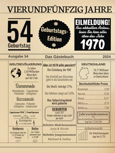 Vierundfünfzig Jahre Das Gästebuch: Zum 54 Geburtstag 2024 / Geburtsjahr 1970 / Zeitung Design Mit Ereignissen Jahrgang 70 / Geschenk Und ... Und Fotos Einkleben / Geburtstagszeitung