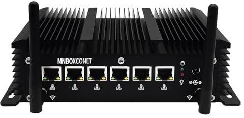 MNBOXCONET Fanless Industrial Firewall Mini PC Quad Core i5 10210U Micro Router Appliance, 6 x 2.5 GbE i225V LAN, DDR4 32GB RAM 2TB SSD, Support Windows OPNsense, COM, WiFi6, BT5.2, SIM Slot
