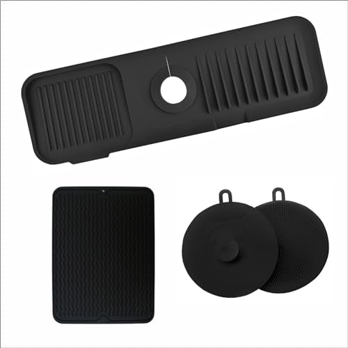 Silicone Sink Faucet Mat with Splash Guard, Draining Tray & Countertop Protector - Kitchen & Bathroom Sink Accessories (Black, 61cm)
