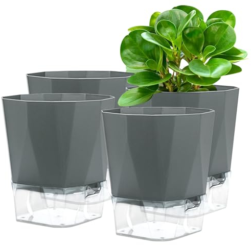 Petutu Lot de 4 pots à herbes aromatiques - Rebord de fenêtre auto-arrosant - Pour la cuisine extérieure - Jardin d'herbes parfait pour les herbes fraîches - 18 x 10,5 x 17 cm - Gris